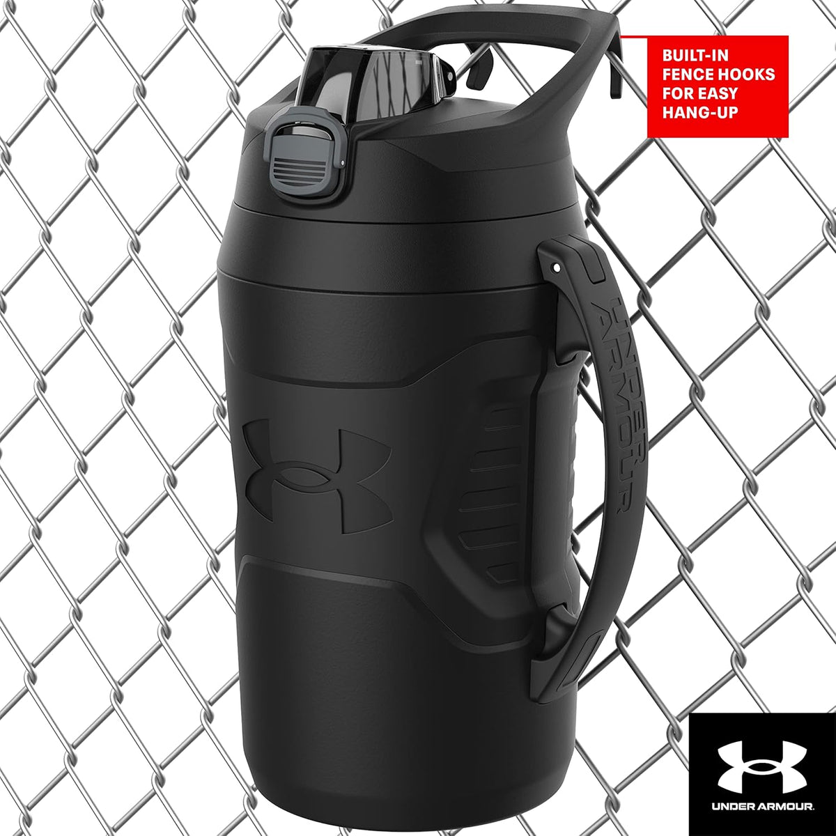 Under Armour Half Gallon Water Bottle Insulated, 64oz Insulated Water Bottle with Handle, Fence Hook, Leak Resistant, for Baseball, Football & More, Black/Black