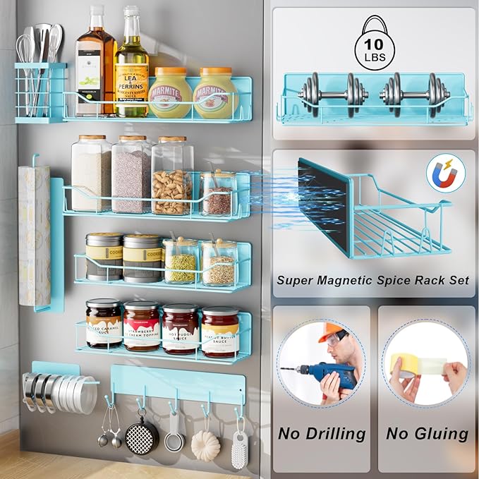 Magnetic Spice Rack for Refrigerator,8 Pack Magnetic Fridge Shelf, Moveable Spice Organizer with Hook Rack, Paper Towel Holder, Utensil Holder,cup lid holder, Super Magnetic Rack Set (Blue)