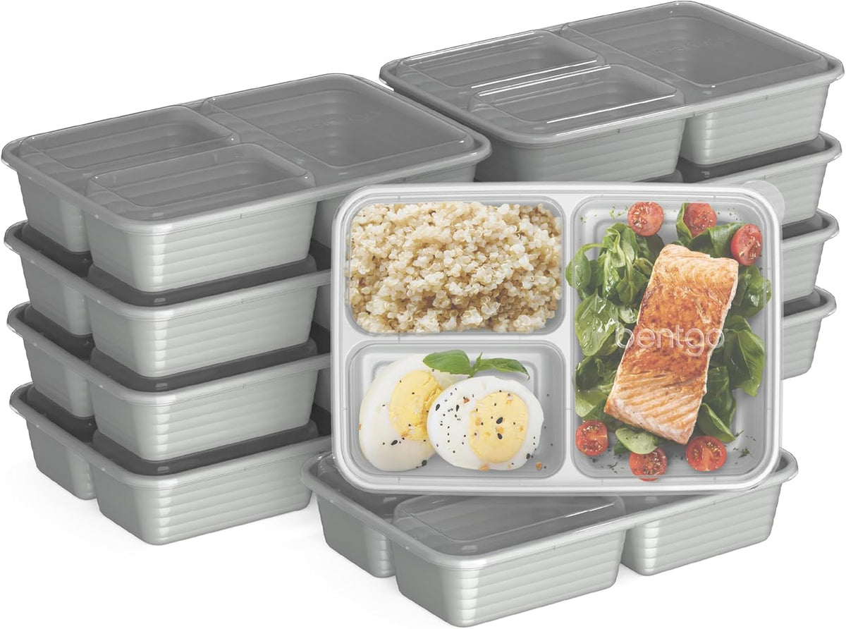 Bentgo Prep - 20-Piece 3-Compartment Reusable Meal Prep Containers with Lids, PFAS & BPA Free Materials, Durable, Microwave, Freezer, & Dishwasher Safe To Go Food Storage (Silver)