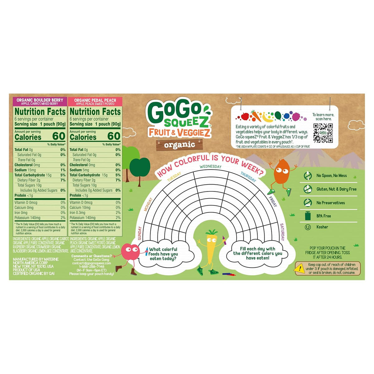 GoGo squeeZ No Sugar Added Organic Fruit & veggieZ Applesauce and Puree Variety Pack, Pedal Peach and Boulder Berry, 3.2 oz Pouches (Pack of 12), Fruit Snacks for Kids, Gluten Free, Nut Free, Recloseable Cap, BPA Free