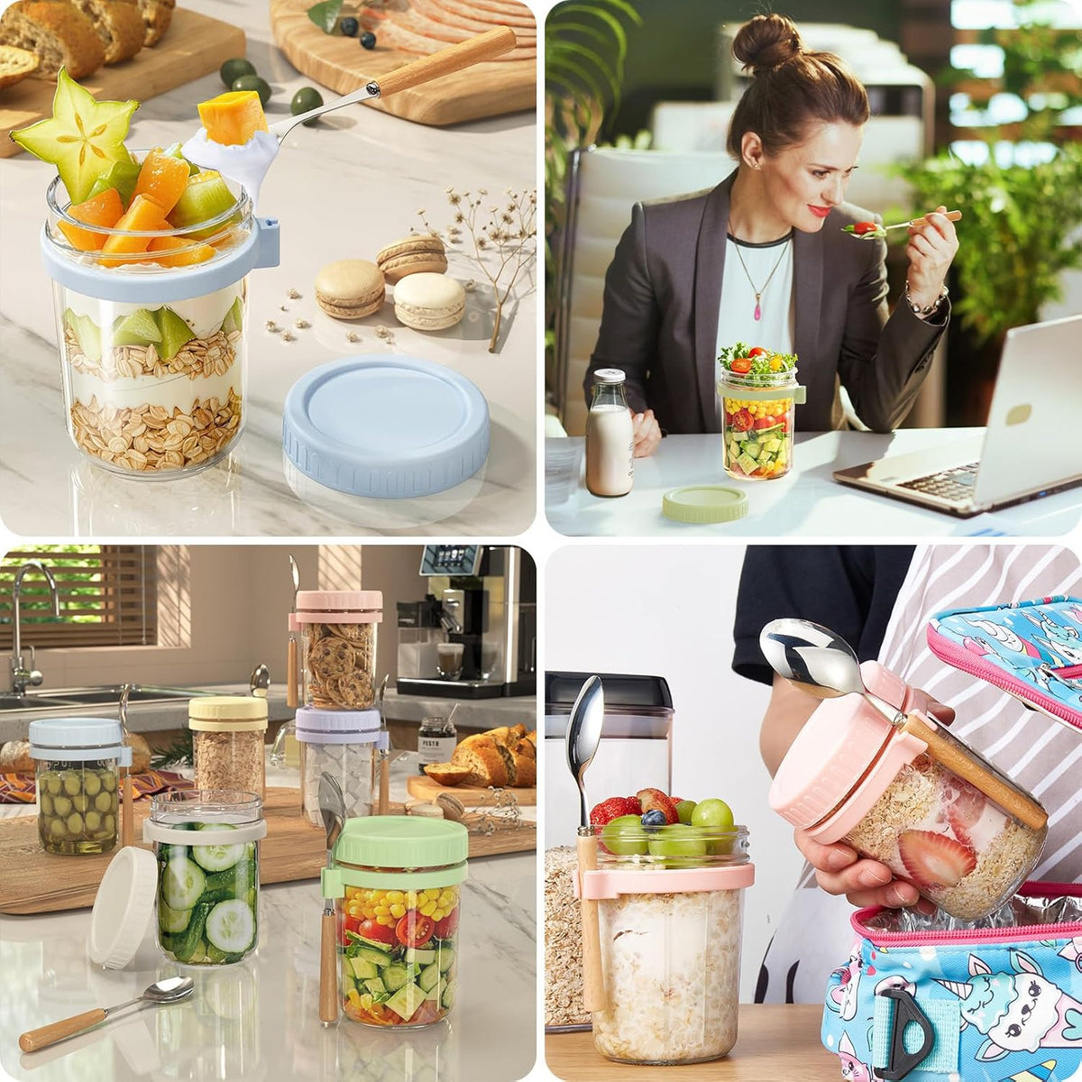 16oz Overnight Oats Containers with Lids and Spoons, 6 Pack Wide Mouth Mason Jars with Airtight Lids, Overnight Oats Jars for Salad, Chia Seed, Cereal, Yogurt