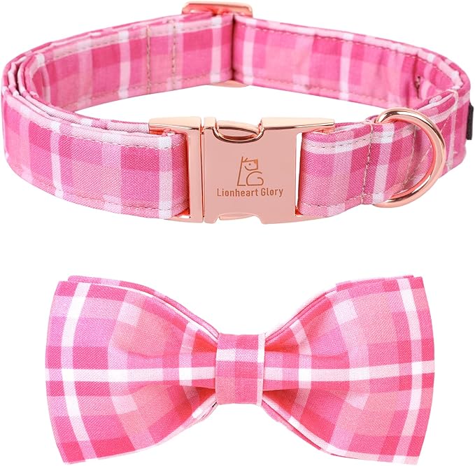Lionheart glory Pink Plaid Dog Collar, Adjustable Dog Collar with Bowtie, Pet Gift Girl Collar for Dog Soft Bowtie Dog Collars for Large Dogs