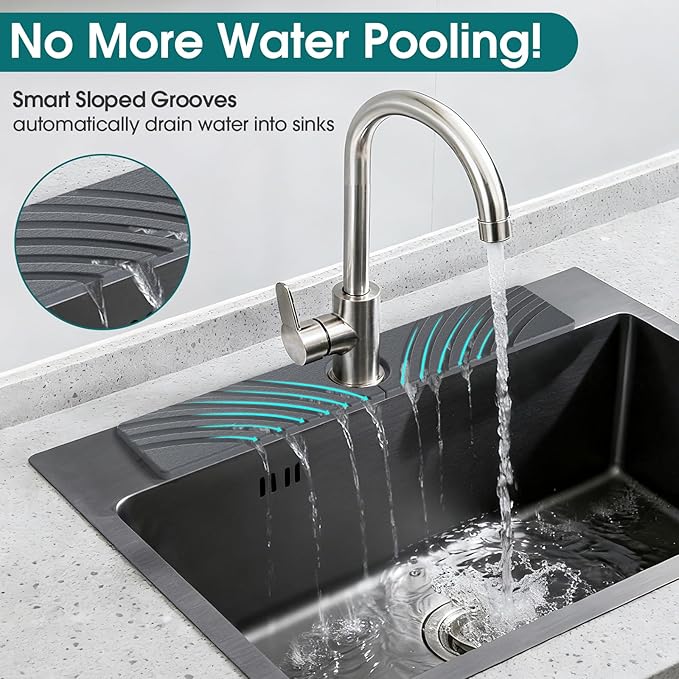 Quick Dry Stone Faucet Mat for Kitchen Sink - 23.6"x3.9" Natural Diatomite Stone Drying Mat for Kitchen Counter, Auto Drainage Sink Protector, Water Splash Guard for Bathroom (Dark Grey)