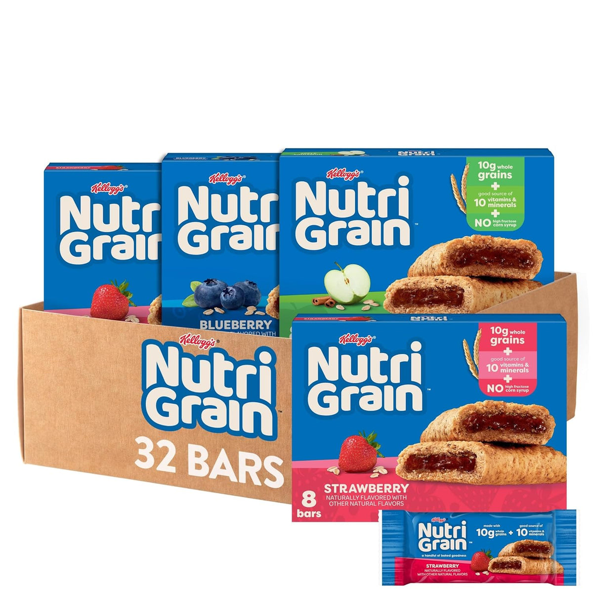 Nutri-Grain Soft Baked Breakfast Bars, Kids Snacks, Whole Grain, Variety Pack (4 Boxes, 32 Count)