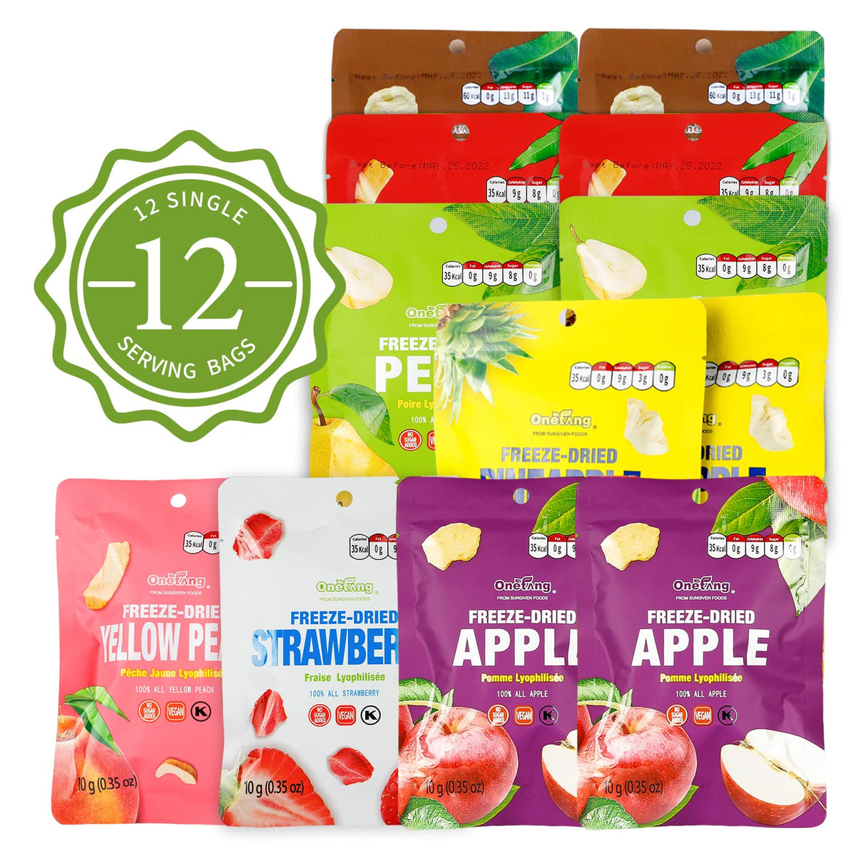 ONETANG Freeze-Dried Mixed Fruit, 12 Pack Single-Serve Pack, Non GMO, Kosher, No Add Sugar, Gluten free, Vegan, Holiday Gifts, Healthy Snack 0.35 Oz