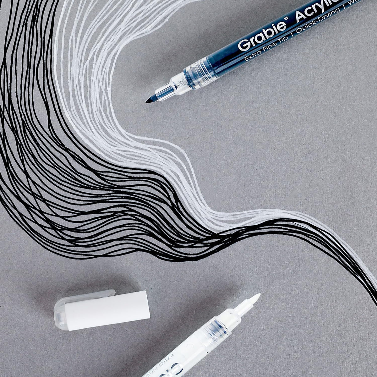 Grabie Black & White Extra Fine Tip Acrylic Paint Marker Set, 6 Pack, 0.7mm Acrylic Paint Pens for Highlights and Fine Details on Drawings, Rock Painting Glass Canvas Wood, White Highlight Markers