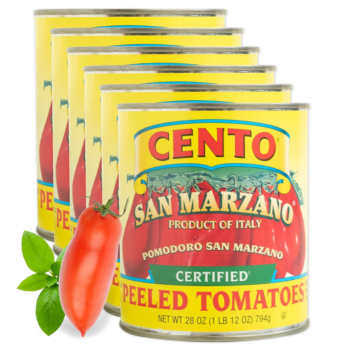 Cento Certified San Marzano Whole Peeled Tomatoes, 28 Oz (Pack of 6), Canned Plum Tomatoes in Thick Puree with Basil, Grown and Processed in Italy