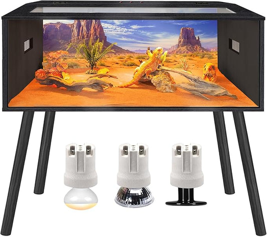 Prolee 80 Gallon Reptile Tank, Tempered Glass Bearded Dragon Tank with Wooden Roof and Lockable Doors, Large Lizard Habitat for Snakes, Iguanas, Chameleons (Black)