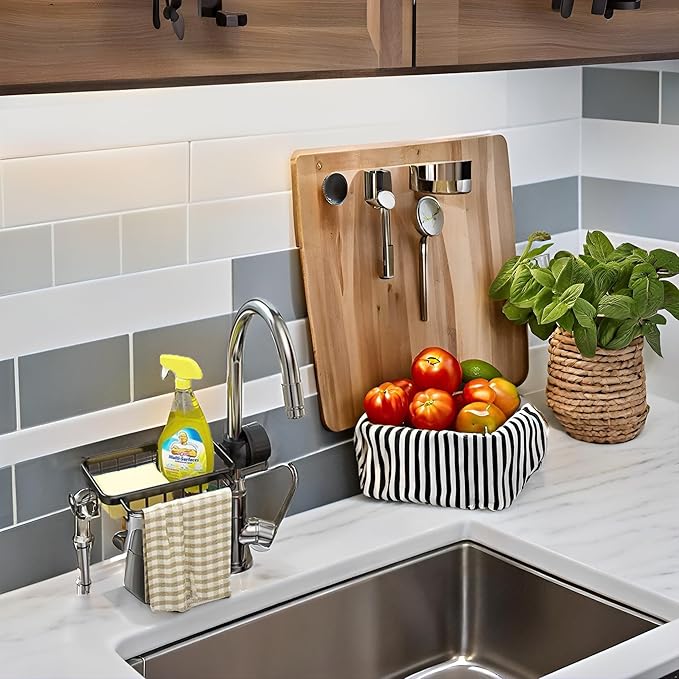 Kitchen Sink Faucet Organizer, Dish Sponge Holder Over Faucet Kitchen Sink Caddy Organizer with Hook for Bathroom, Scrubbers, Soap, Work with 0.7-1.1inch Round Water Pipe (Black,Left)