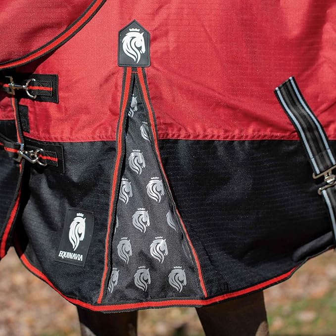 Equinavia Norse Lightweight 100g Fill Horse Rain Blanket | Waterproof Turnout Sheet - Black - 66 in - Equestrian Red - 81 in