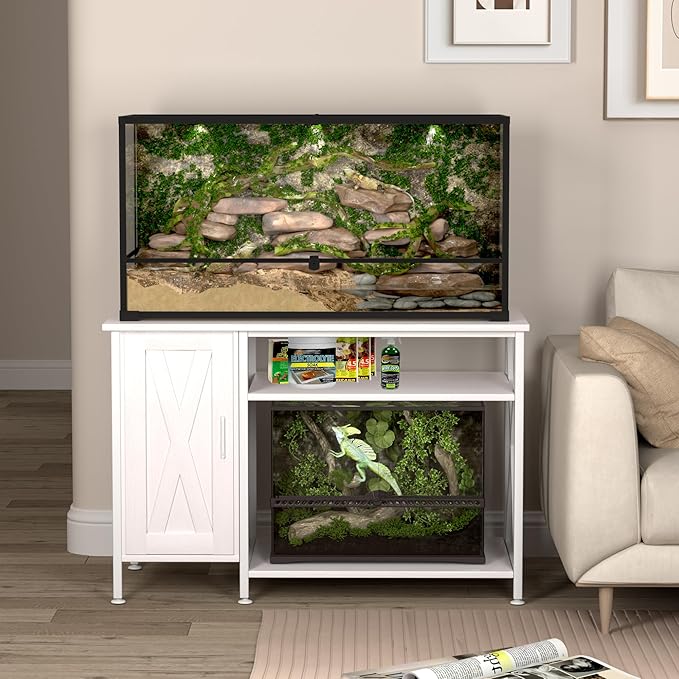 40-120 Gallon Reptile Tank Stand with Power Outlet, Terrarium Stand with Storage Cabinet, 48" X 24" Tabletop, Reptile Terrarium,Turtle Tank White PG08XYW