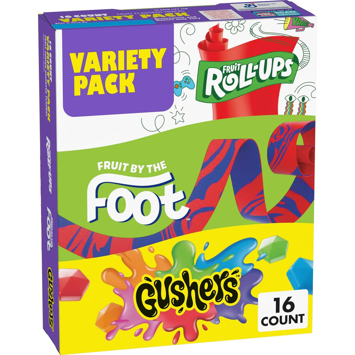 Fruit Roll-Ups, Fruit by the Foot and Gushers Fruit Flavored Snacks Variety Pack, Gluten Free, 16 Pouches, 10.2 oz