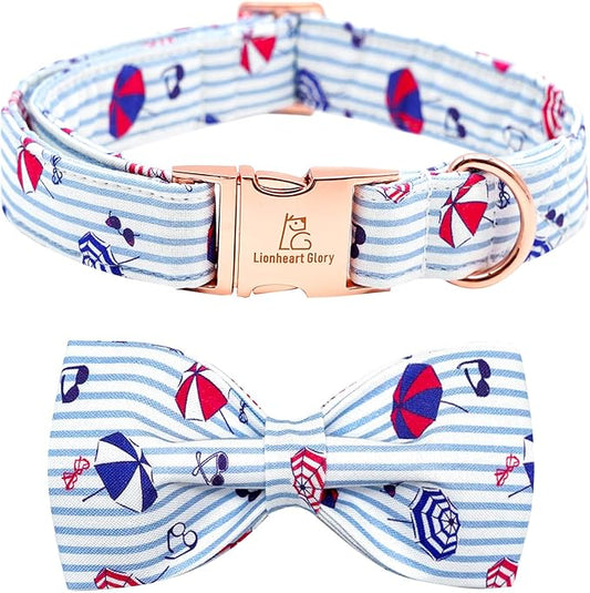 Lionheart glory Dog Collar, Dog Collar with Bow, Summer Stripe Boy Dog Bowtie Collar Cute Pet Collar Gift for Medium Dog