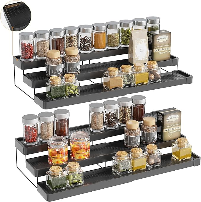 2 Pack Expandable Spice Rack Organizer for Cabinet - 3 Tier Adjustable Cabinet Spice Organizer Easy Visibility - Spice Organizer for Cabinet Countertop Cupboard Pantry Organization (Black)