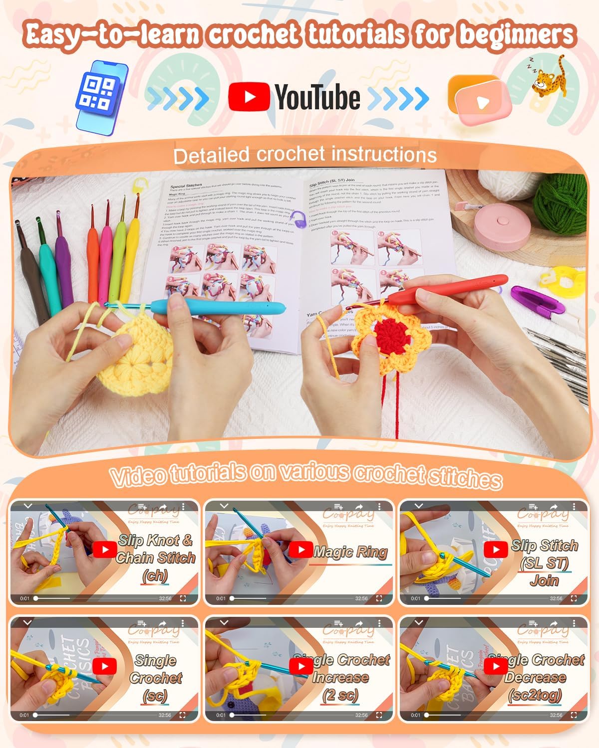 Coopay Crochet Kit Beginners Crochet Hook Set with Crochet Yarn,58PCS Portable Crochet Set Ergonomic Crochet Hooks Travel Knitting Crochet Supplies