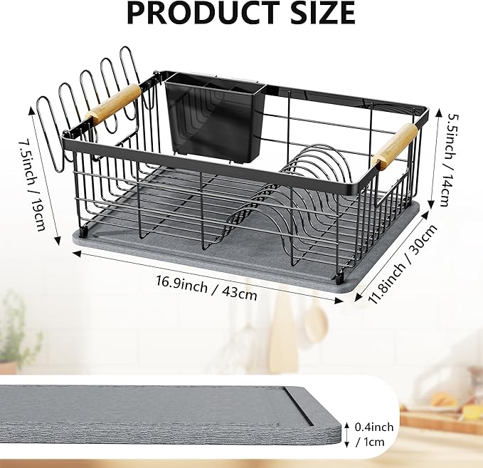 Dish Drying Rack Black with Diatomaceous Earth 1 Tier,Multifunctional Dish Racks for Kitchen Counter Quick-Drying,Large Capacity Space Saving with Cutlery Cups Holder