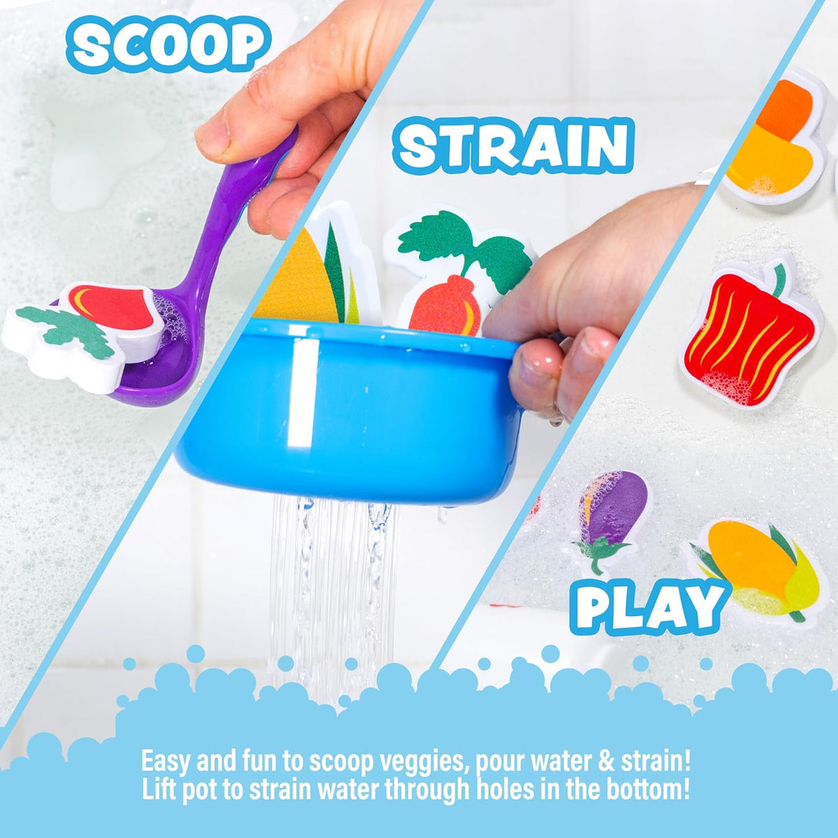 Tub Works® Tub Soup™ Scoop, Strain & Play Toddler Bath Toy | Floating Foam Veggies, Ladle for Scooping & Soup Pot for Straining | Pretend Play Cooking Kids Bath Toys | Creative Bathtub Toys
