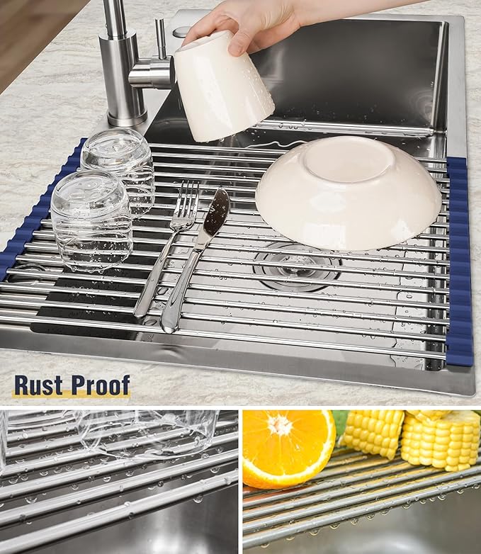 Tomorotec 17.7" x 12.5" Roll Up Dish Drying Rack Over Sink Drying Rack Sink Cover Kitchen Sink Accessories Gadget Multipurpose Organizer Foldable Stainless Steel Drainer