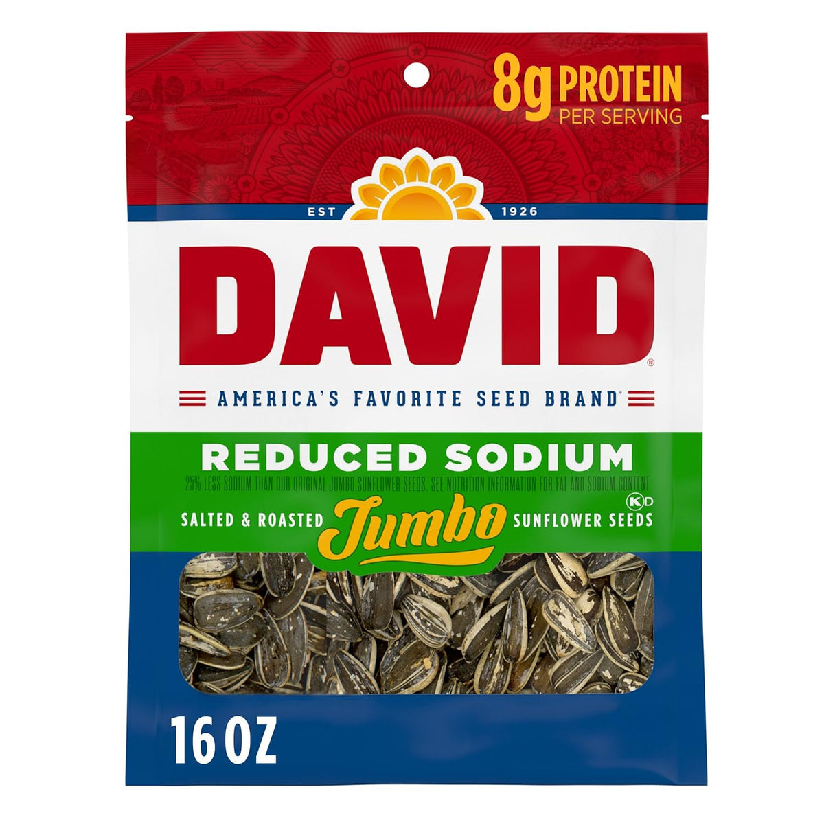 DAVID Reduced Sodium Sunflower Seeds, Original Flavor, 16 oz.