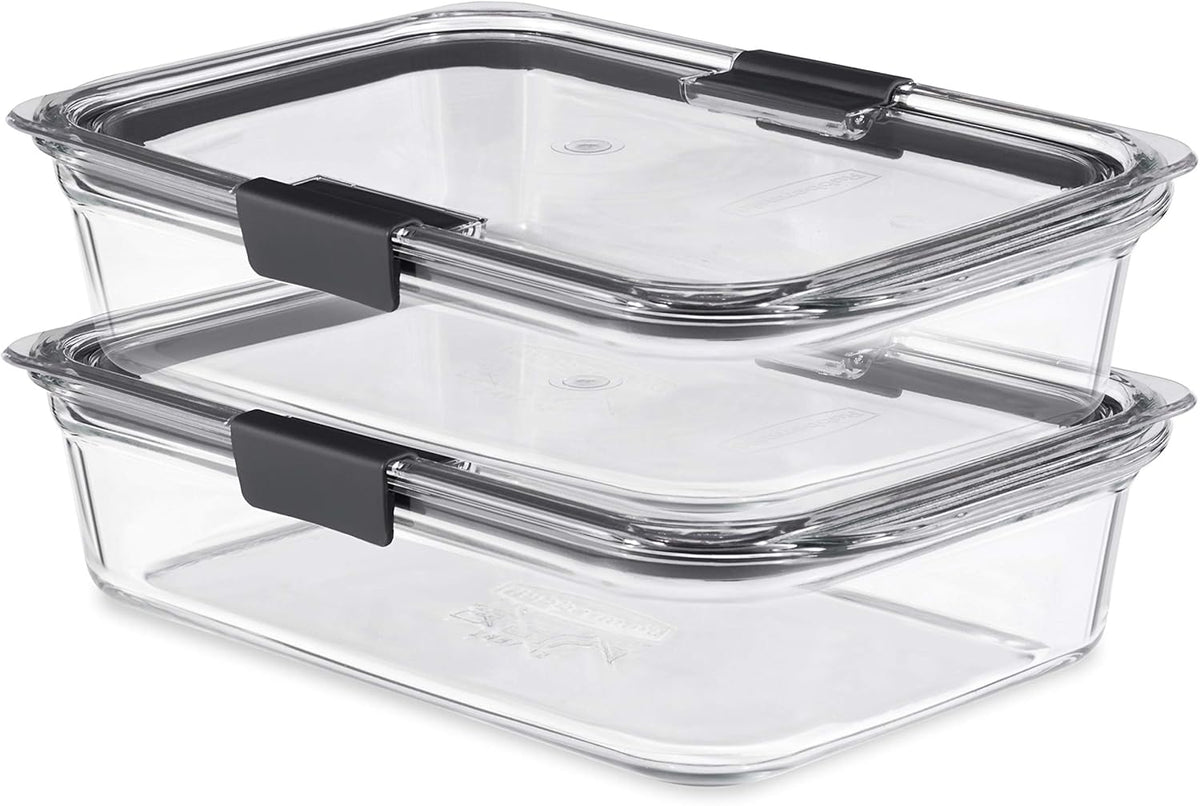Rubbermaid Brilliance Glass Food Storage set of 4 containers 8 total pieces (4 containers + 4 lids) for Lunch Meal Prep and Leftovers Dishwasher and Oven Safe Clear/Grey