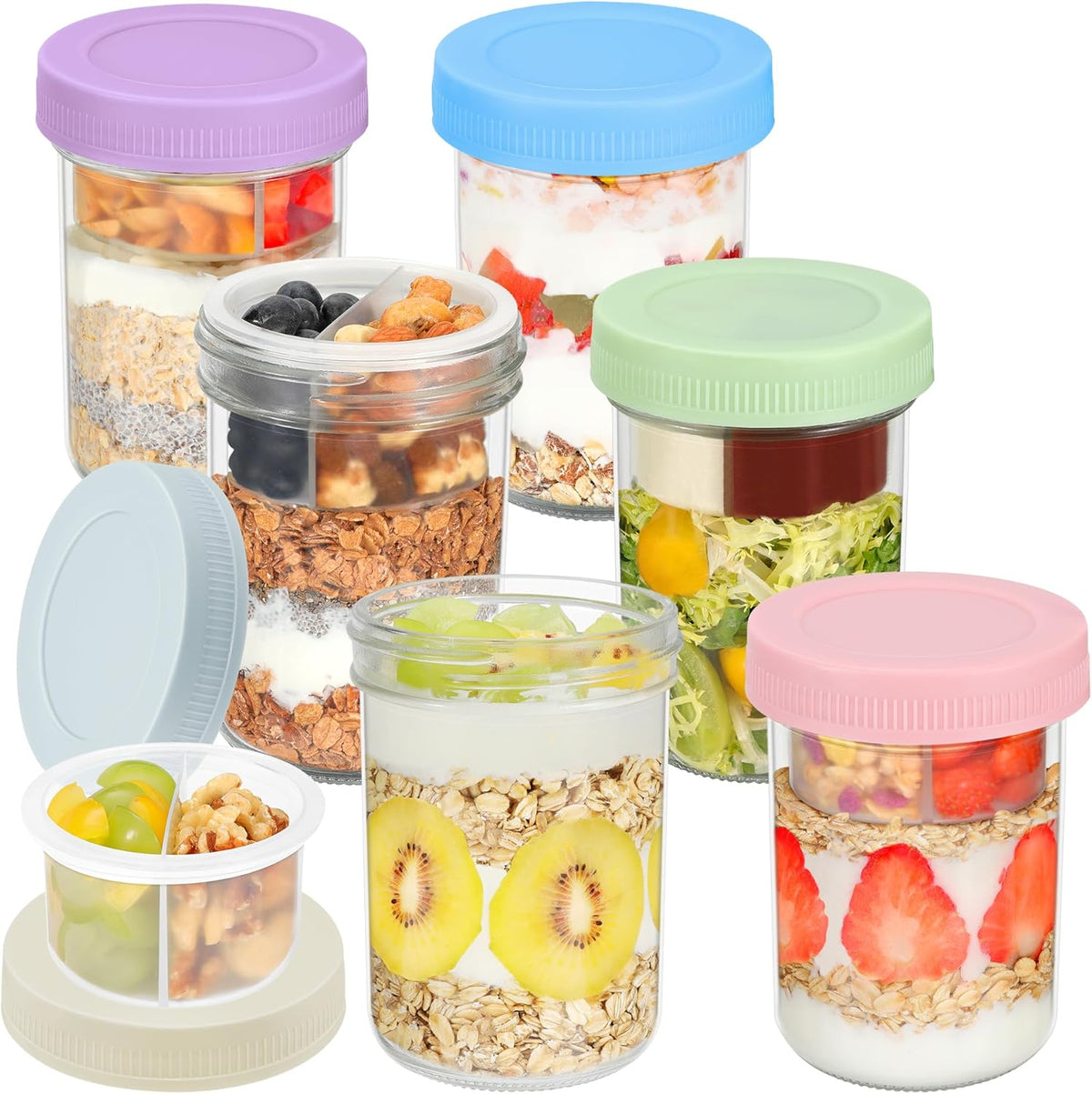 16 oz Overnight Oats Containers with Airtight Lids - 6-Pack Leak-Proof Wide Mouth Mason Jars & Divided Cups for Dried and Wet Foods, Glass Jars for Chia Pudding, Salad, Snacks, and Yogurt