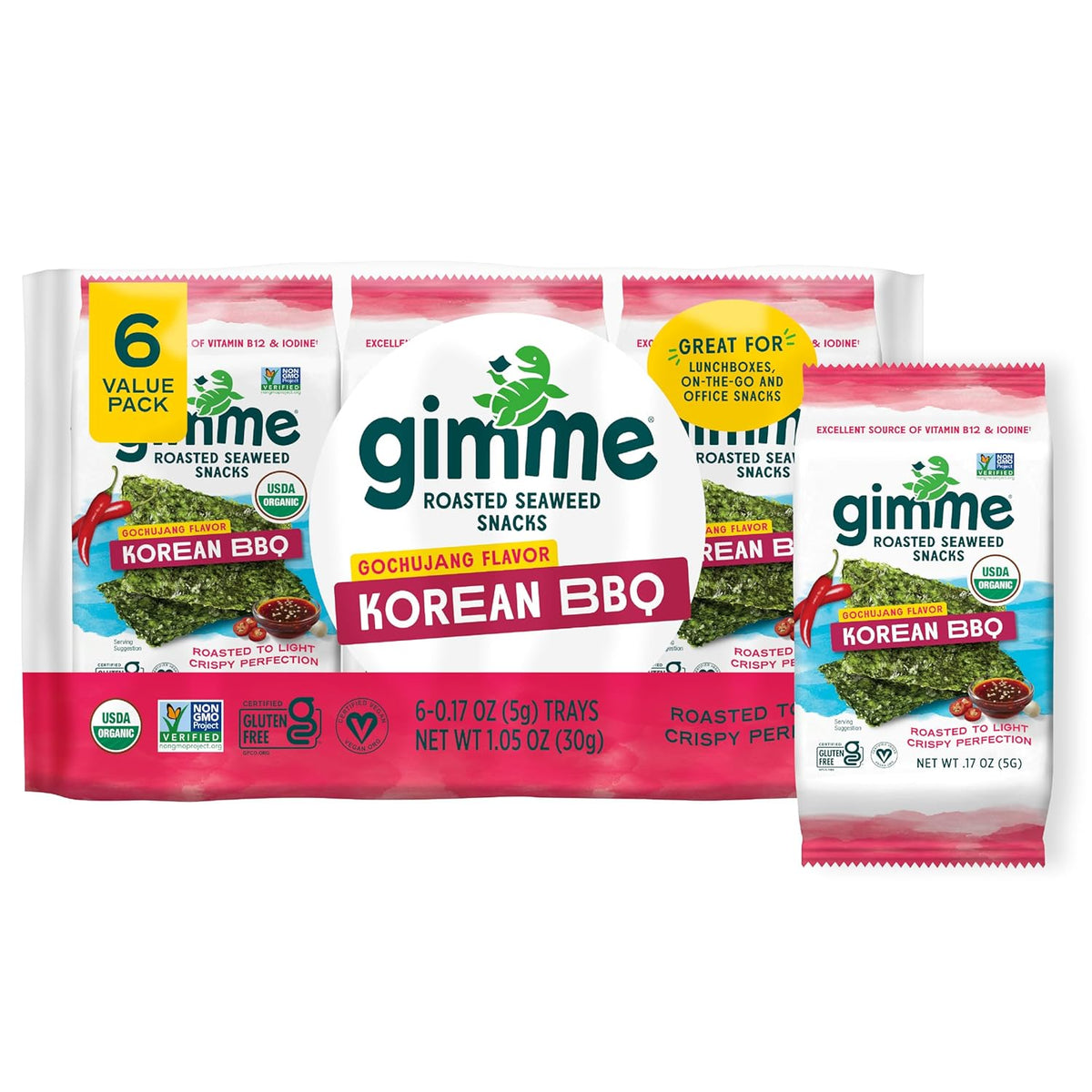 Gimme Seaweed Organic Premium Roasted Seaweed Snacks, Korean BBQ, 6 Count, Keto, Vegan, Gluten-Free, Great Source of Omega3s and Iodine, Healthy On-The-Go Snack for Kids and Adults