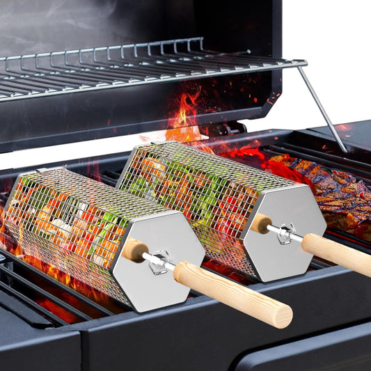 Rolling Grill Basket, Removable Wooden Handle, 304 Stainless Steel, Nesting Grilling Tools, Smoker BBQ Accessories for Vegetable, Outdoor Cooking Camping, Birthday Gifts for Men Dad Husband