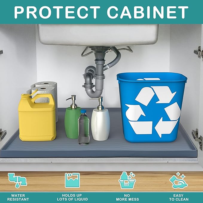 URMONA Waterproof Silicone Under Sink Mat 34'' x 19'' Shelf Liner for Kitchen and Bathroom, Cabinet and Counter Protector, Storage and Organizers, Litter Mat, Pet Cat Puppy Essentials(Navy)