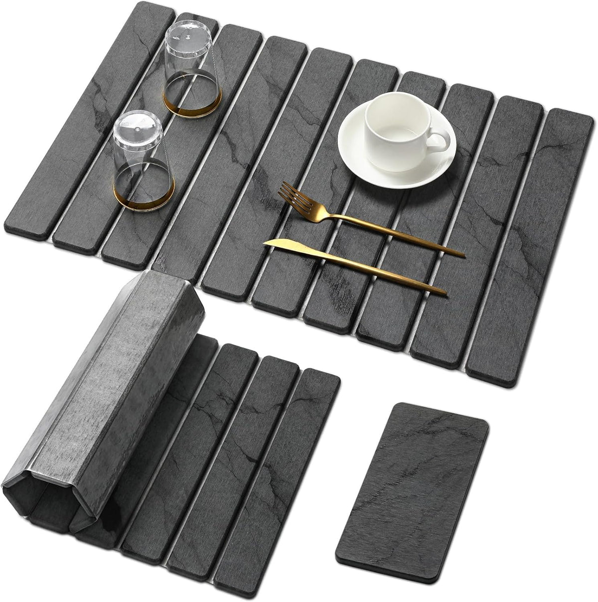 Large Stone Dish Drying Mat for Kitchen Counter,2 PCS Quick Dry Stone Dishes Mats,Foldable Water Absorbing Diatomaceous Earth Drying Pad for Countertop Bottles Utensils Cups(Dark Gray 24"×16" & 8"x4")