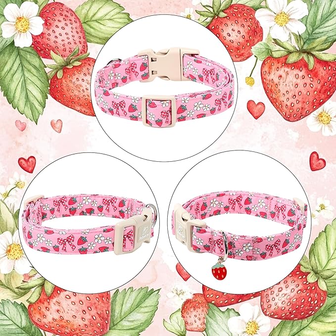 Strawberry Bow Dog Collar for Medium Dogs - Cute Pink Spring/Summer Girl Dog Collars, Lightweight Adjustable Female Girly Dogs Collars with Quick Release Buckle M