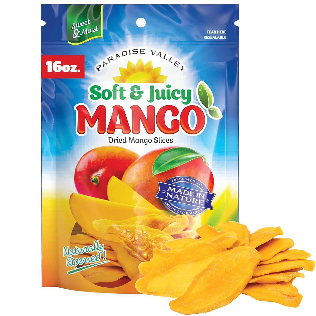 Dried Mango Slices - Delicious Texture Soft & Juicy Low Sugar Added Dried Mango - Naturally Ripened Mangos Dried Fruits - Gluten Free Dry Mangoes Natural Source of Vitamin C, Fiber, 16 oz (16 Single Pack)
