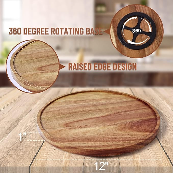 12-inch Acacia Wood Lazy Susan Organizers, ACIAZAAZ Lazy Susan Turntable for Cabinet, Kitchen Turntable Storage for Table, Countertop, Pantry