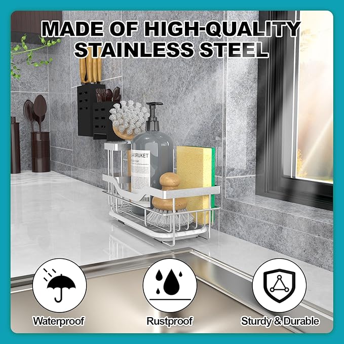 Vanwood Kitchen Sink Caddy Organizer Sponge Holder for Kitchen Sink, Rustproof Dish Soap Sponge Caddy for Counter with Detachable Brush Holder & Drain Tray - Storage Home & Cocina Accesorios, SILVER