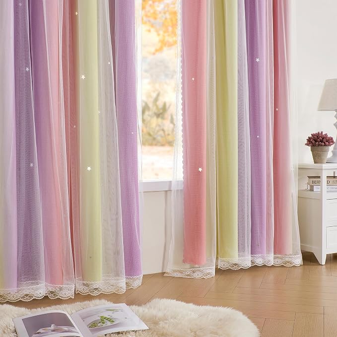 XiDi Curtains for Bedroom Decor, Rainbow Pink PurpleYellow52/96/1