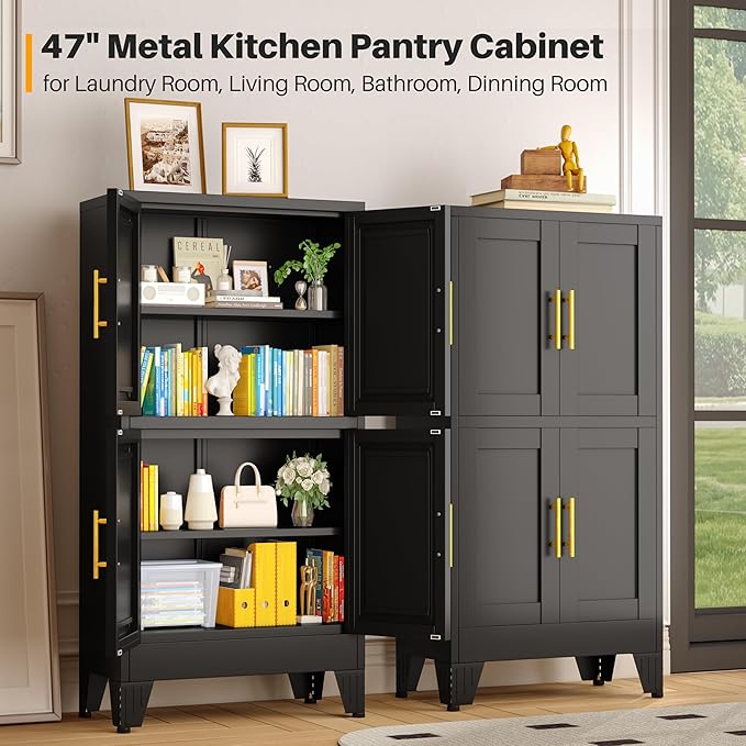 winiowa 47" Tall Kitchen Pantry Cabinet, Metal Storage Cabinet with Doors and Adjustable Shelves, Black Freestanding Pantry Cabinet for Kitchen, Dining Room, Living Room, Laundry Room, Bathroom