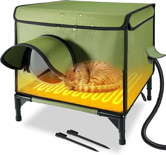 Outdoor Heated Cat House in Winter for Outside, Extremely Insulated & Weatherproof, Elevated Feral Cat Shelter with Waterproof Eaves & Escape Door for Outside Stray Barn Cat Green