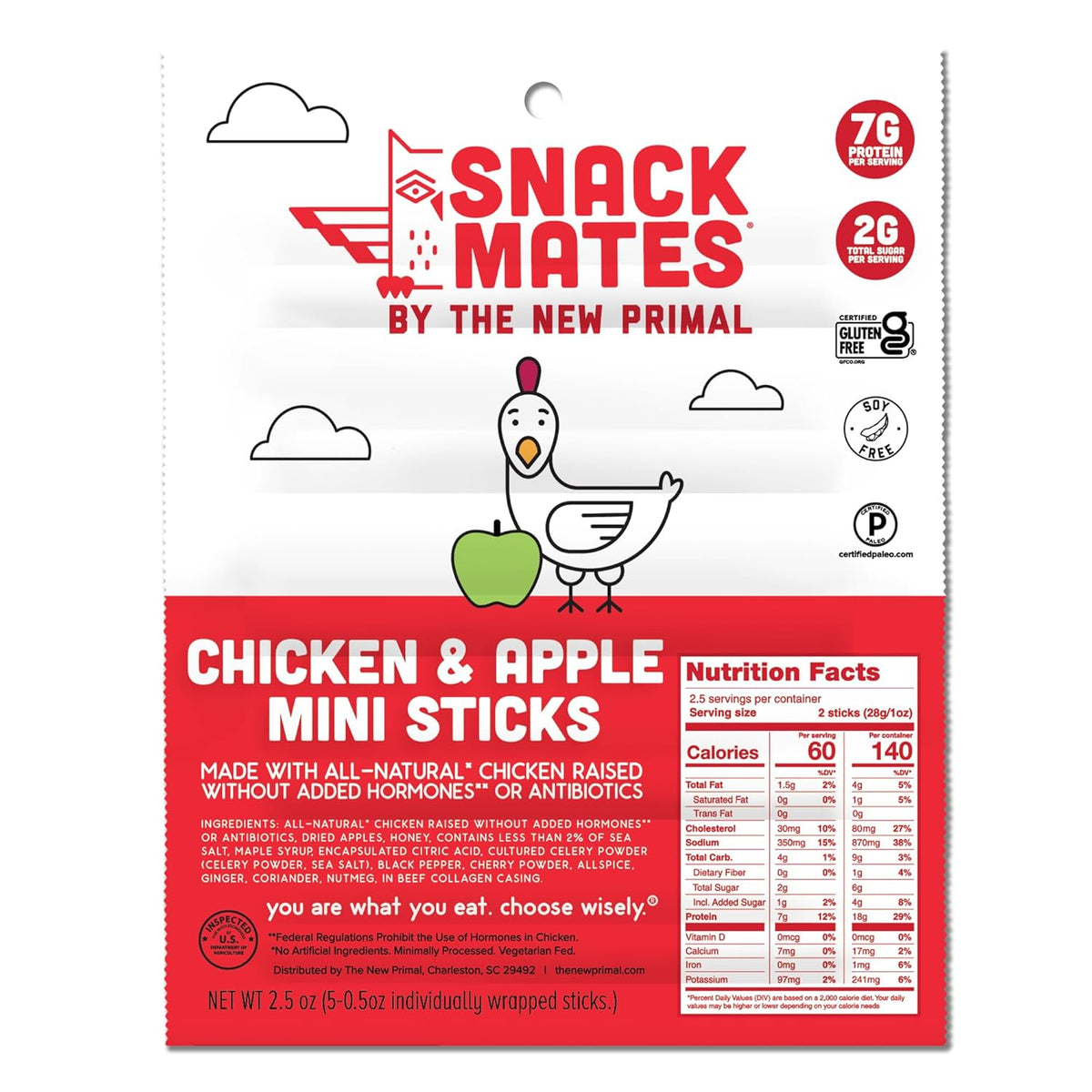 The New Primal Snack Mates, Chicken and Apple Stick - All Natural Chicken, High Protein and Low Sugar Kids Snack, Certified Paleo, Gluten Free, Lunchbox Friendly - 1 Count (Pack of 5)