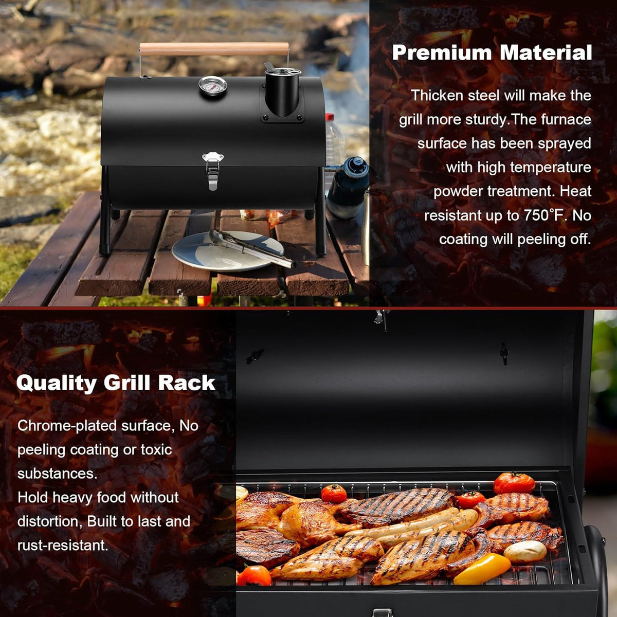 Joyfair Portable Charcoal Grill with Thermometer, Small Tabletop Barbecue Grill for Outdoor Camping Backyard Party BBQ Cooking, Extra Thick Steel & Heavy Duty, Innovative Design & Easy Assembly