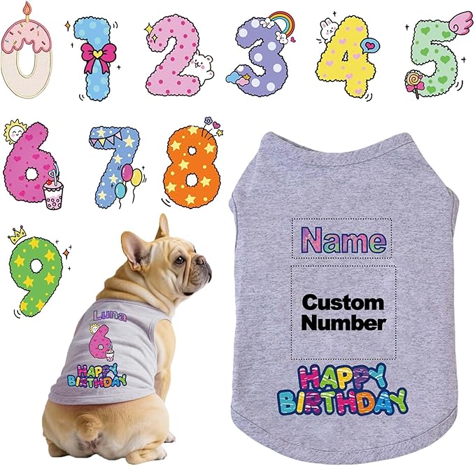 Custom Dog Birthday Shirt,Personalized Pet Apparel Print with Name Age Number,Pet Birthday Outfit,Lightweight Breathable Cotton Vest for Small Medium Large Dogs Cat (Grey, 6X-Large)