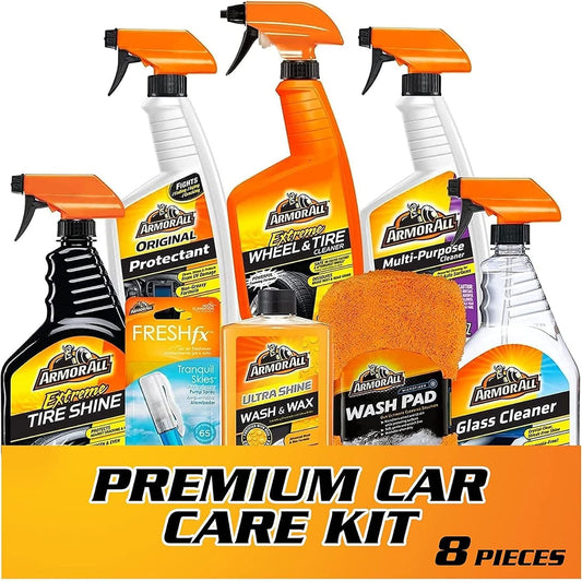 Armor All Premier Car Care Kit, Includes Car Wax & Wash Kit, Glass Cleaner, Car Air Freshener, Tire & Wheel Cleaner (8 Piece Kit)