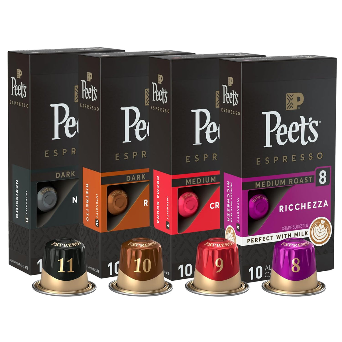 Peet's Coffee, Dark and Medium Roast Espresso Capsules Variety Pack, Compatible with Nespresso Original Machine, 100% Arabica Coffee - Intensity 8-11, 40 Count (4 Boxes of 10 Espresso Capsules)