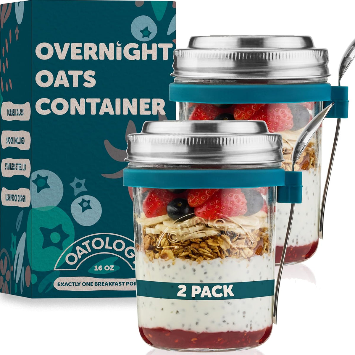 OATOLOGY Overnight Oats Containers with Lids & Spoons - Stainless Steel Lid Leakproof Glass Jars for Chia Pudding & Yogurt for Healthy Breakfast On-the-Go - 16oz Set with Unique Milk Line - 2 Pack