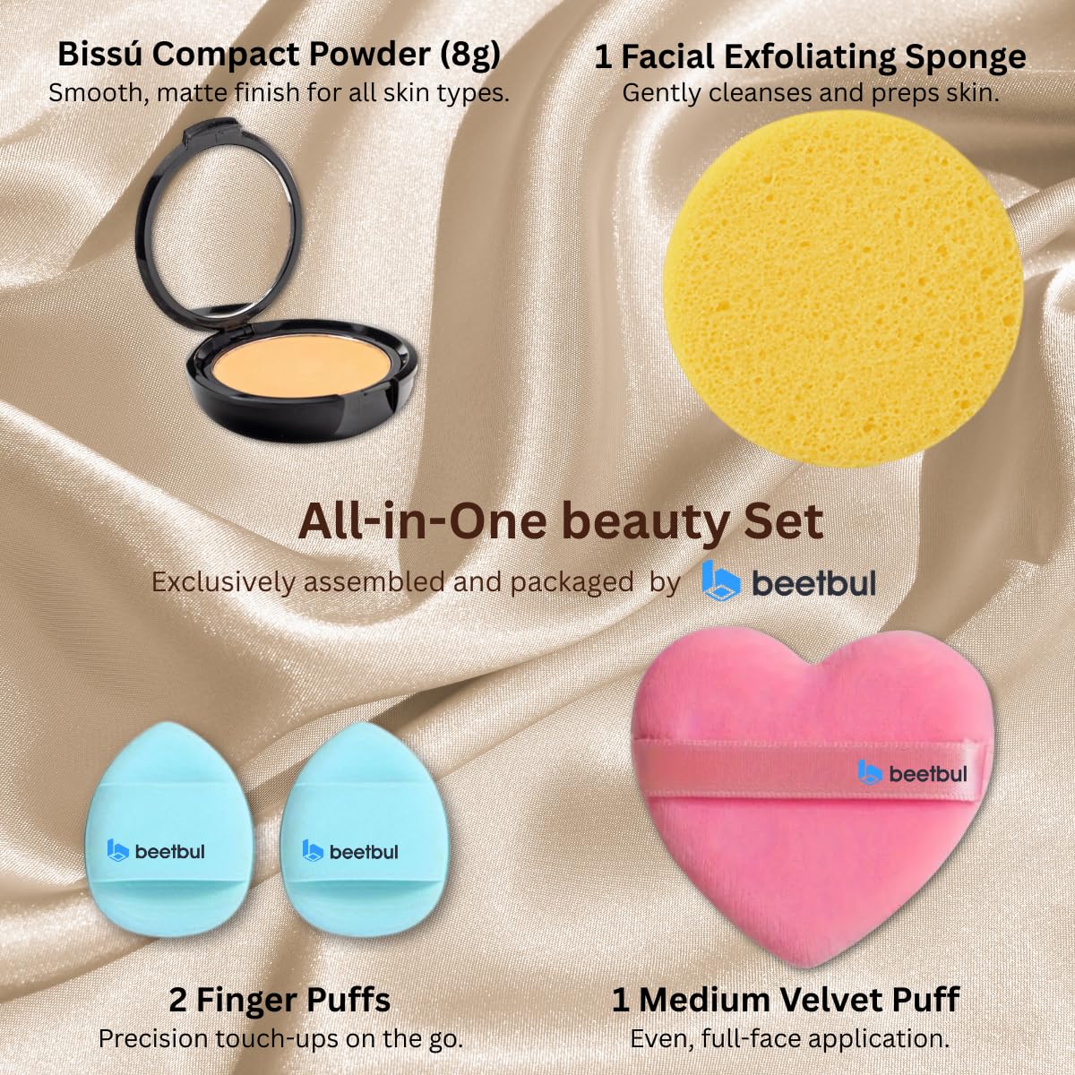 Beetbul Makeup & Exfoliation Kit - Bissú Compact Powder + 1 Medium Velvet Puff + 2 Finger Puffs + 1 Facial Exfoliating Sponge (13 Bronze, One Size)