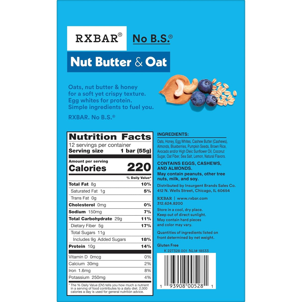 RXBAR Nut Butter and Oat Protein Bars, Protein Snacks, Snack Bars, Blueberry Cashew Butter, 23.2oz Box (12 Count)