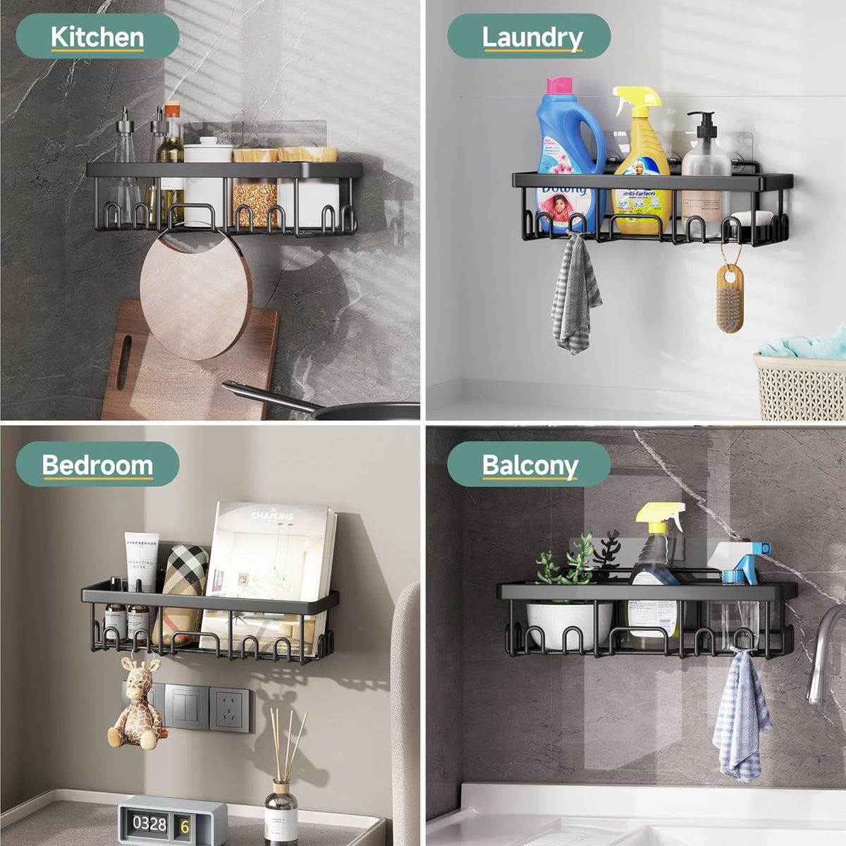 Veken Shower Caddy 6-Pack, Advanced Rustproof Design, No Drilling Adhesive Shelves, Rack with Soap Holder, Large Capacity Bathroom Organizers and Storage, Wall-Mounted Kitchen & Home Decor