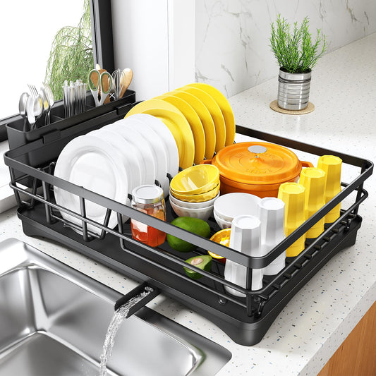 SNTD Dish Drying Rack for Kitchen Counter - Large Dish Rack with Drainboard, Rustproof Dish Drainer with Utensil Holder for Sink, Black