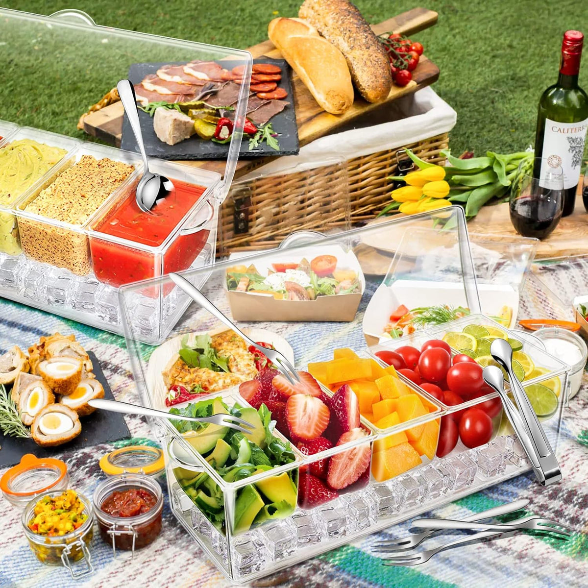 Condiment Tray with Stainless Steel 5 Spoons, 5 Forks and 1 Clip, Chilled Condiment Server, Condiment Server, Bar Garnish Holder on Ice, Bar Accessories Fruit and Salad with Removable Trays and Lid
