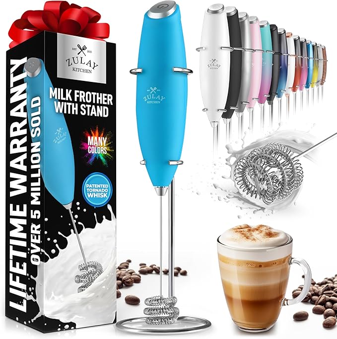 Zulay Kitchen Milk Frother with Patented Tornado Triple Whisk – Handheld Foam Maker for Coffee, Lattes, Matcha & Hot Chocolate – Rich, Creamy Froth in Seconds