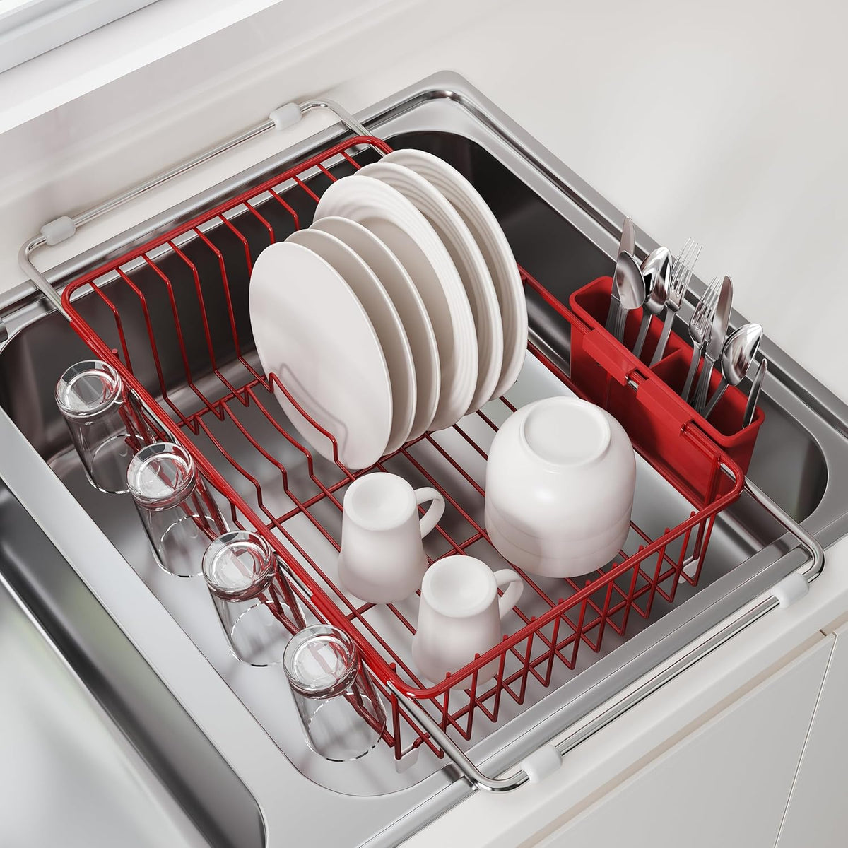 JASIWAY Dish Drying Rack in Sink, Expandable Stainless Steel Dish Drainers for Kitchen Counter, Dish Dryer Rack for Inside Sink, Over The Sink Dish Racks with Utensil Holder, Silver