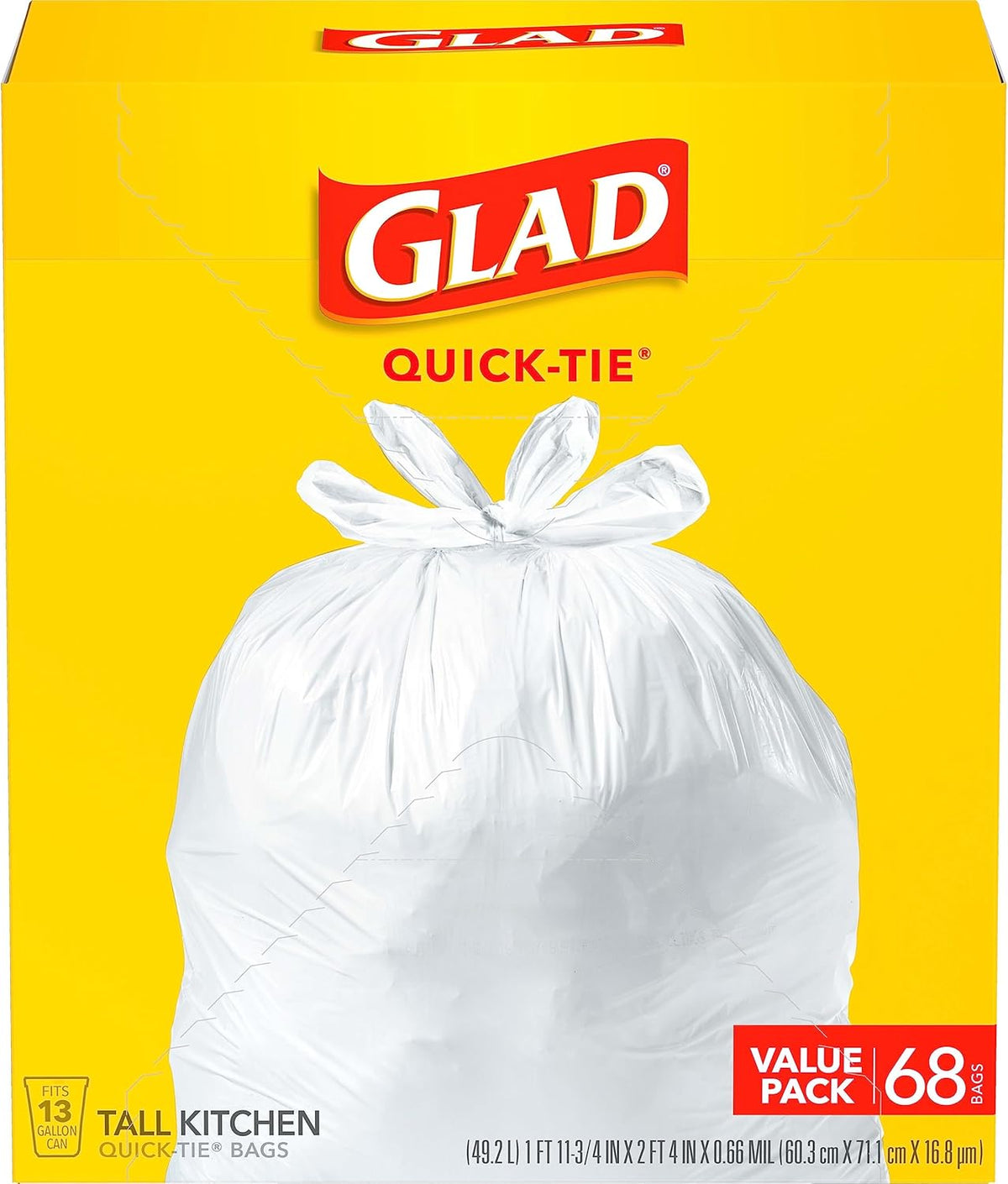 Glad Tall Kitchen Trash Bags 13 Gallon, Unscented Garbage Bags, Quick-Tie, 68 Count